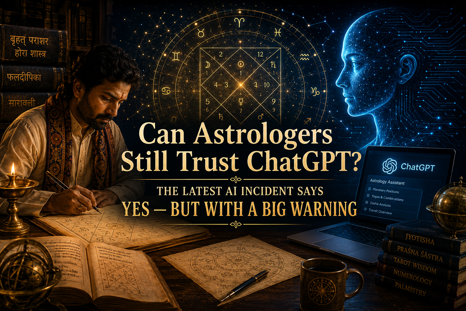 A cinematic illustration showing a Vedic astrologer studying a birth chart opposite an AI hologram with a glowing zodiac wheel between them, symbolizing the collaboration between ancient astrology and artificial intelligence.