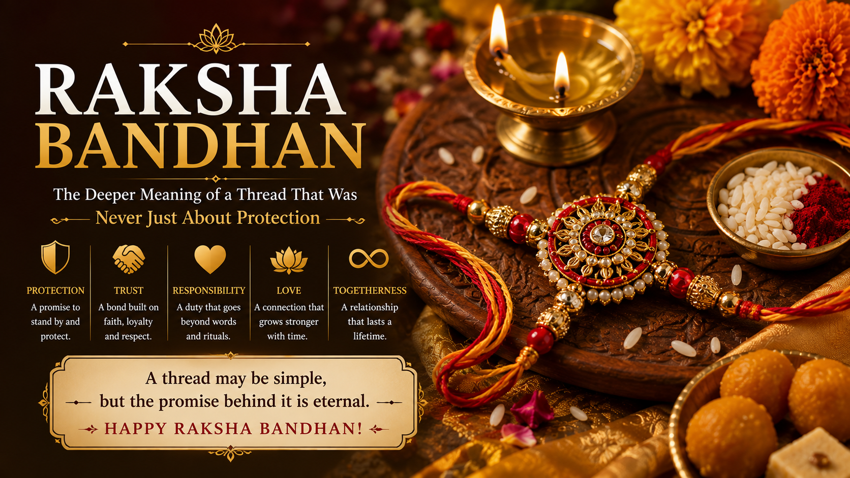 Minimal premium representation of a sacred Raksha Sutra beside traditional Indian flowers and a brass diya, symbolising protection, trust and family bonds.