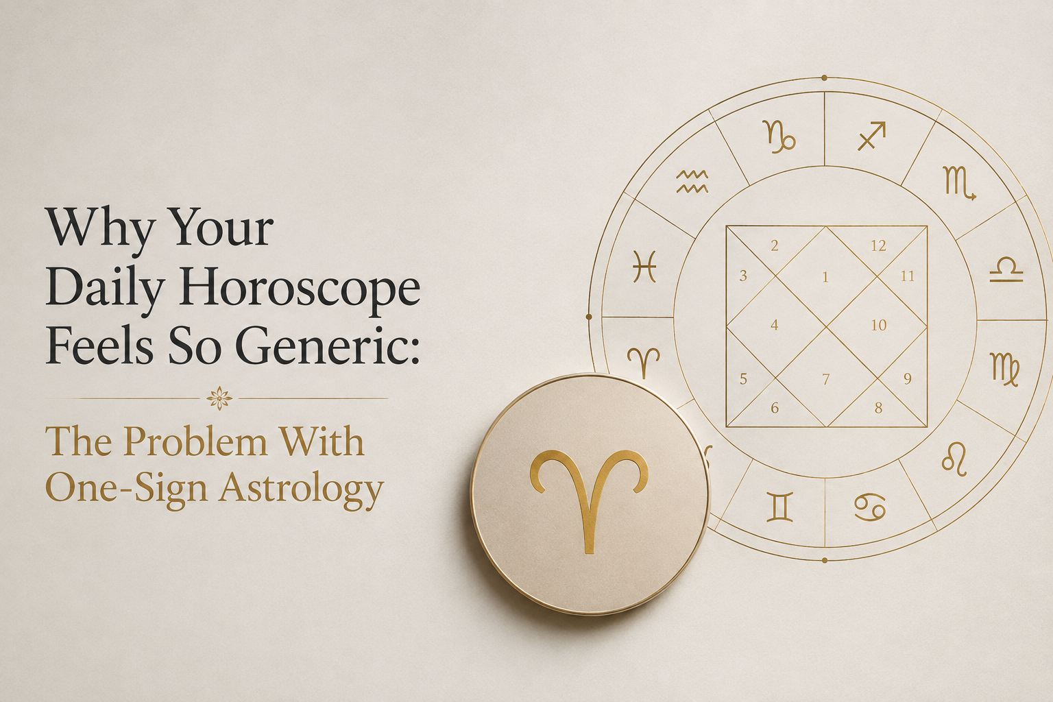 Minimal premium editorial composition showing a traditional Vedic birth chart beside a single highlighted zodiac symbol, representing the difference between generic horoscopes and personalised astrology.