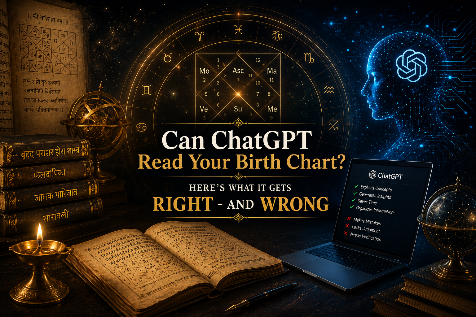 Editorial artwork depicting an astrologer collaborating with an AI assistant over a glowing Vedic birth chart, symbolizing the fusion of ancient Jyotish and modern artificial intelligence.
