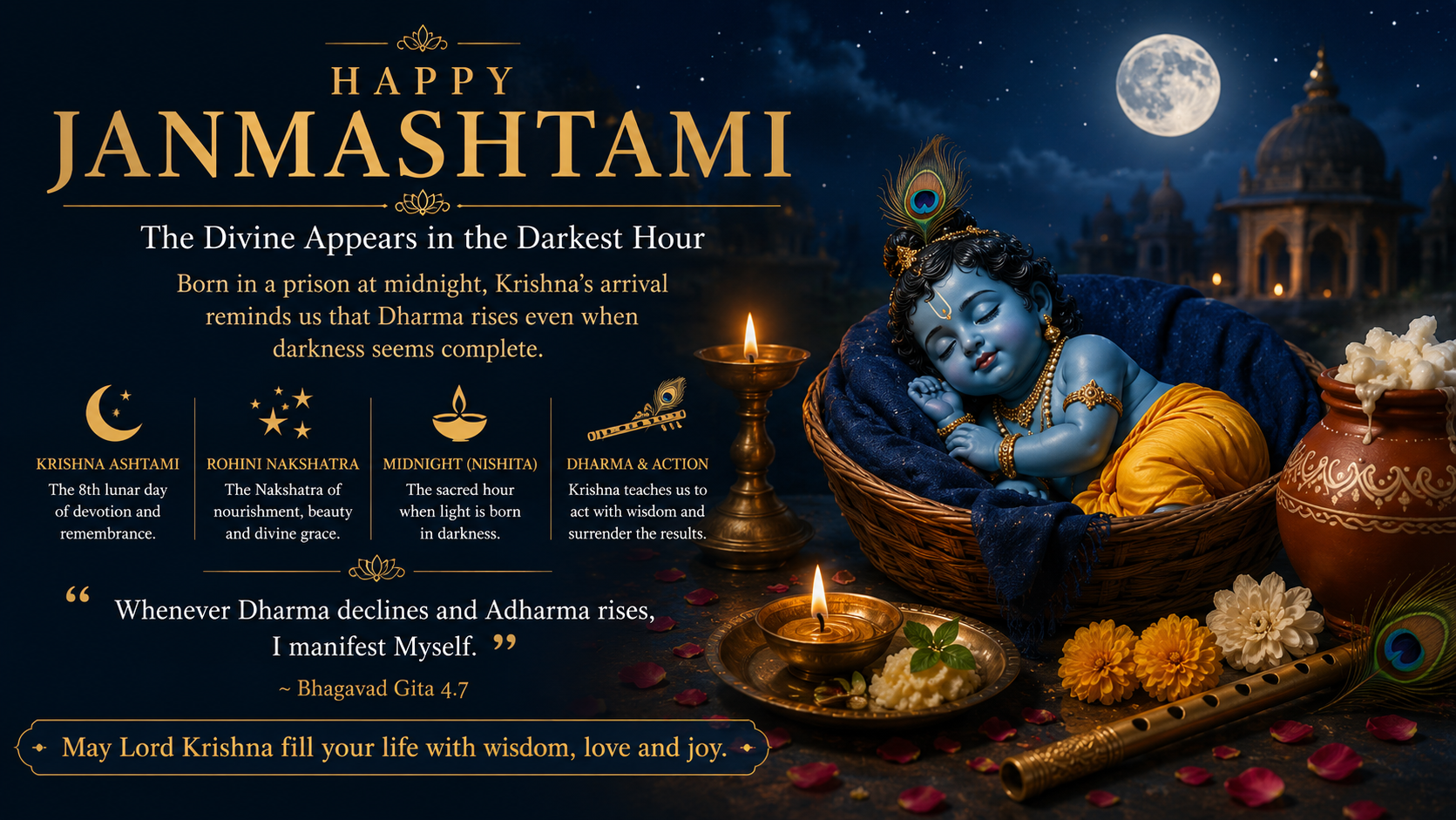 Minimal premium devotional representation of Krishna Janmashtami with a small Krishna flute, crescent moon, lotus and subtle midnight symbolism in deep blue and gold.