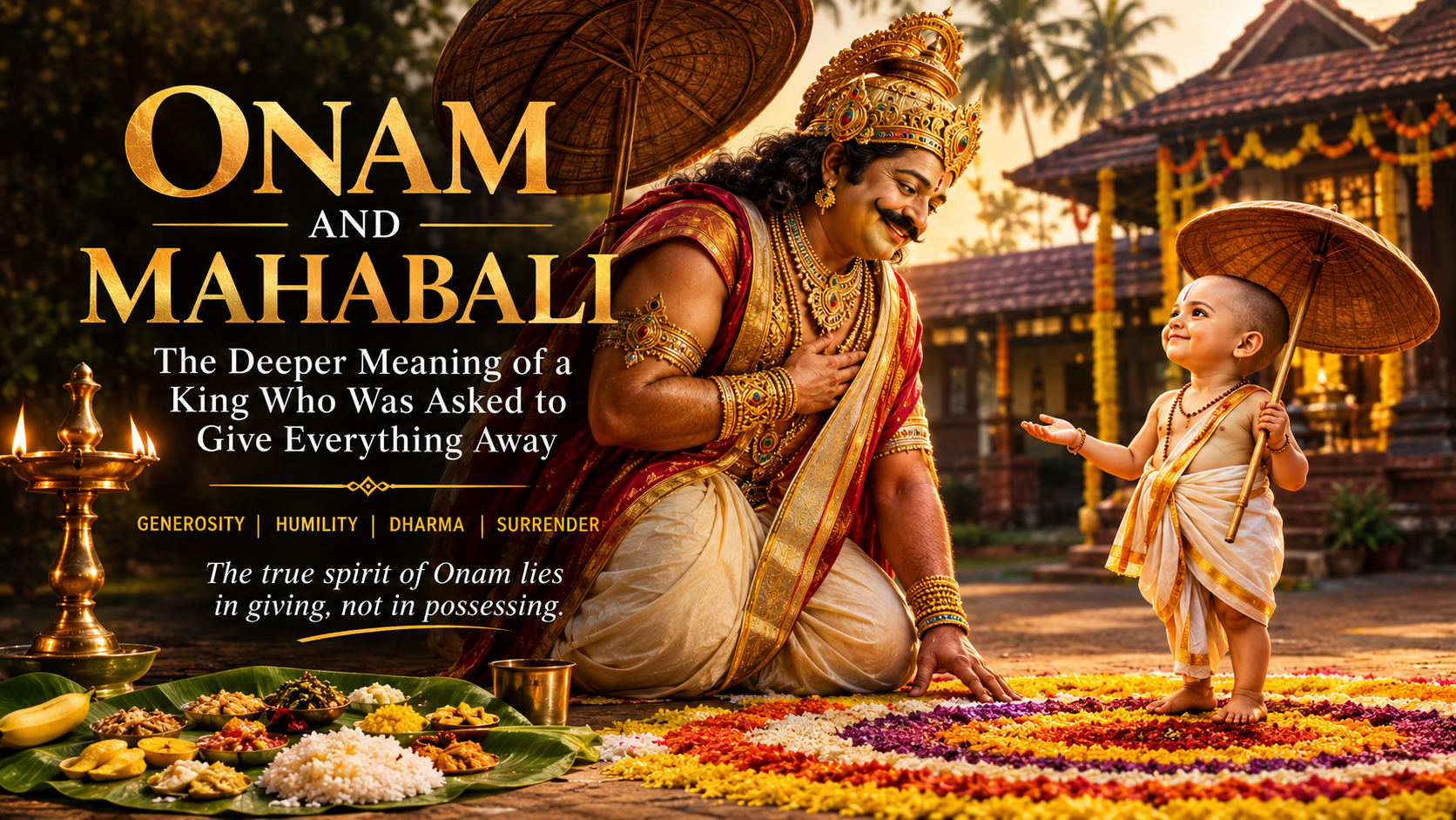 Minimal premium editorial representation of King Mahabali and Vamana with traditional Kerala lamps, floral pookalam and subtle Vishnu symbolism.