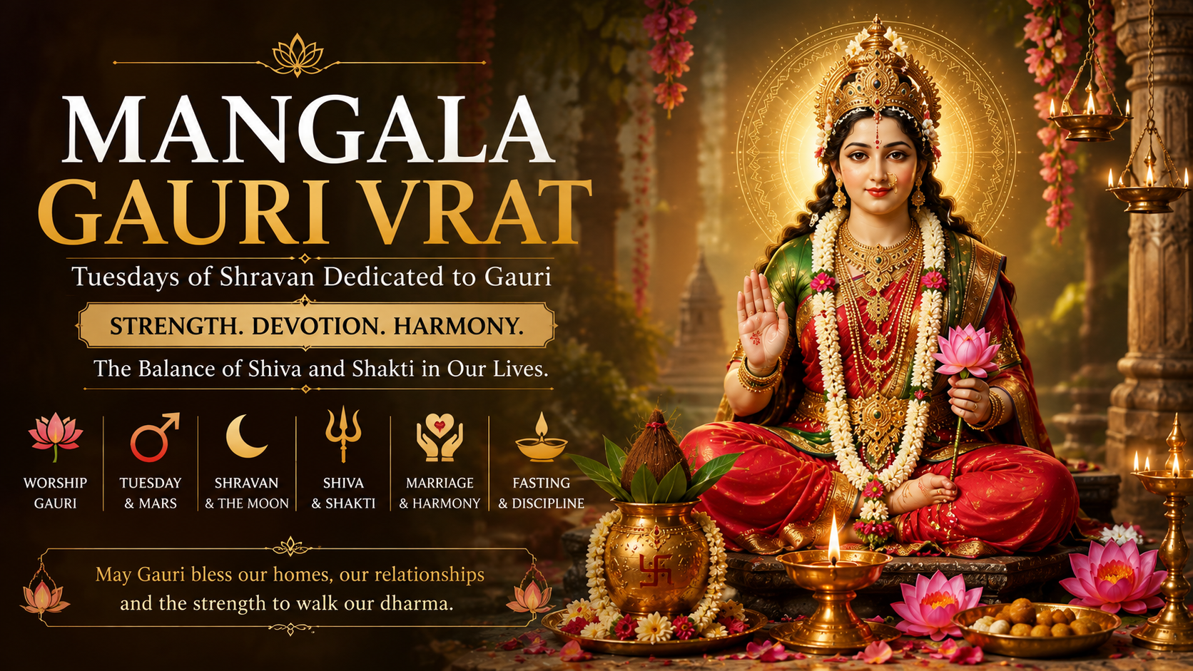 Minimal premium devotional representation of Goddess Gauri with a lotus, diya and subtle Tuesday and Shravan symbolism in a refined temple setting.