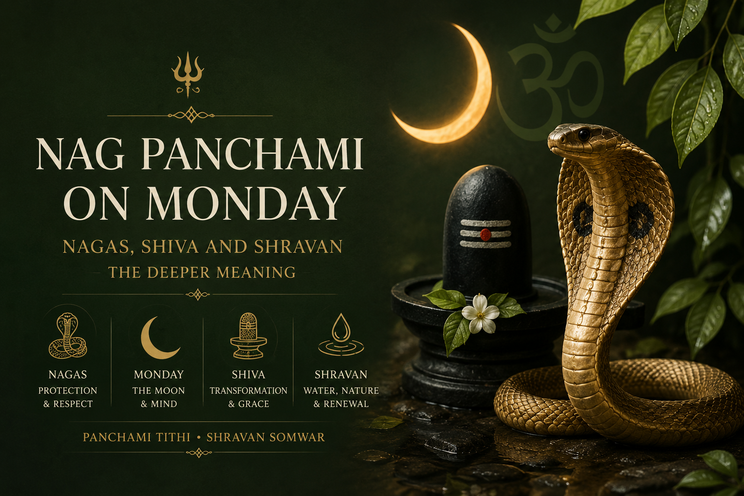 Minimal premium illustration of a golden serpent symbol beside a Shiva-inspired crescent moon motif on a deep forest background.