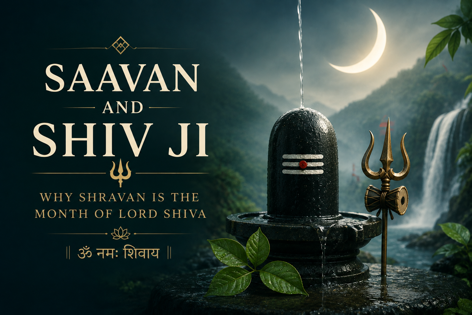 Minimal premium devotional composition of a Shiva lingam with a crescent moon and subtle green foliage, representing the sacred month of Shravan.