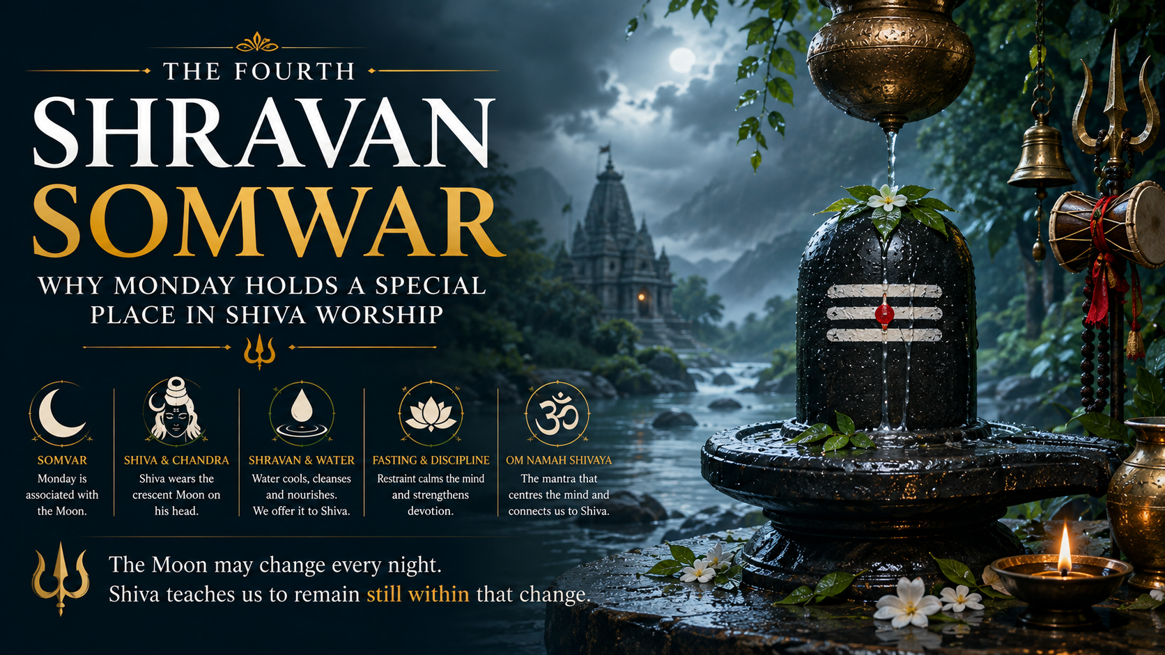 Minimal premium devotional representation of Lord Shiva, the crescent Moon and a Shiva Lingam surrounded by subtle Shravan monsoon symbolism.