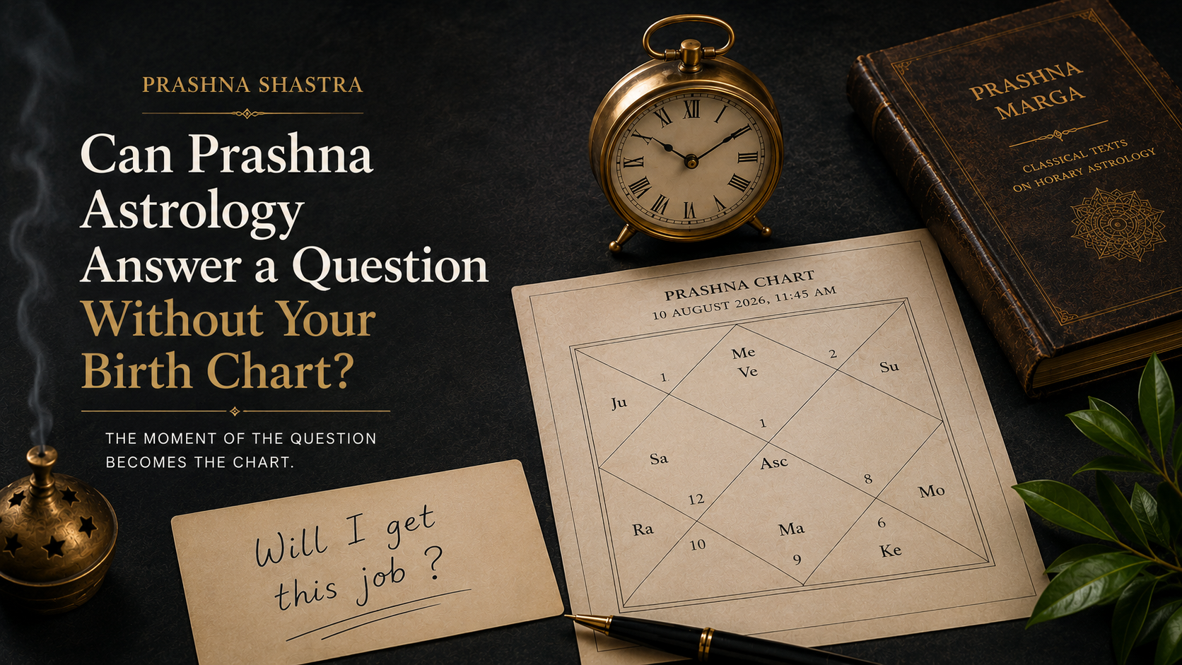 Minimal editorial still life of a Prashna chart, brass clock and handwritten question card on a dark stone surface, representing astrology of the moment.