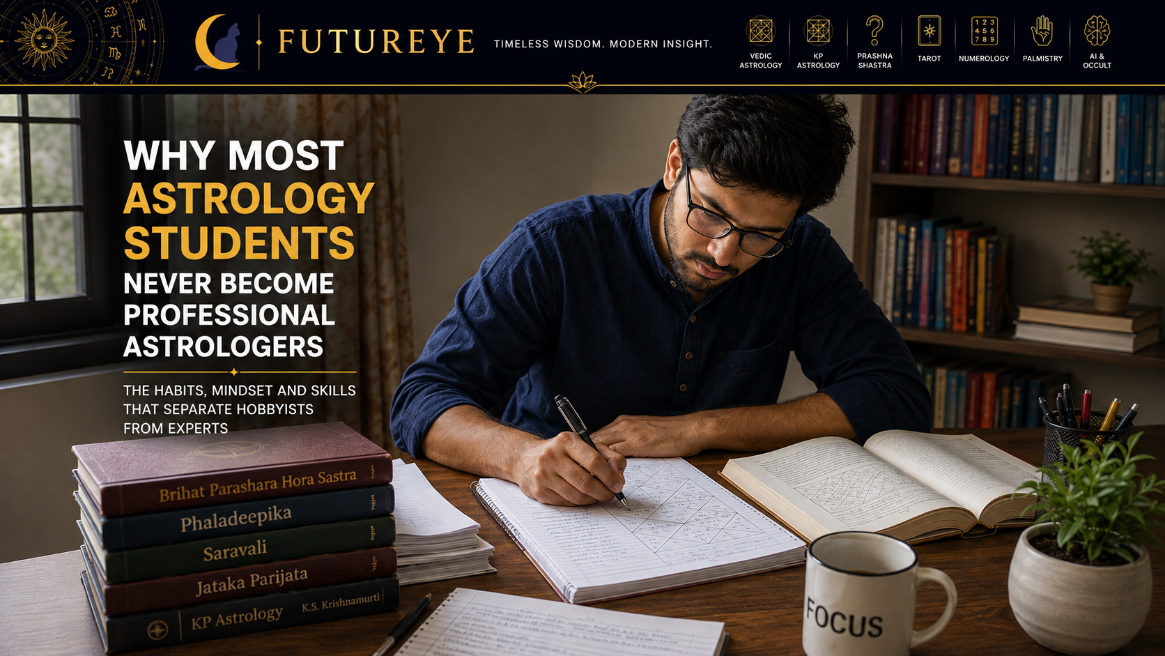 A focused astrology student studying multiple birth charts late at night, symbolizing the journey from learning astrology to becoming a professional practitioner.