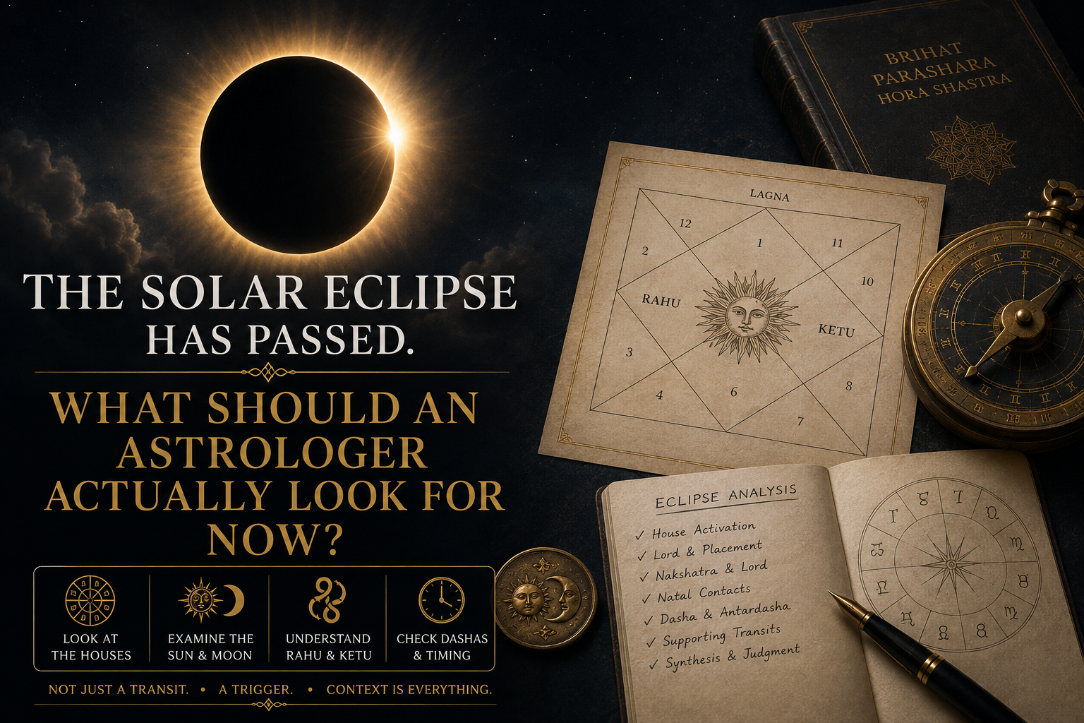 Minimal premium editorial image of a dark solar eclipse with a thin golden ring and subtle traditional Jyotish symbolism.