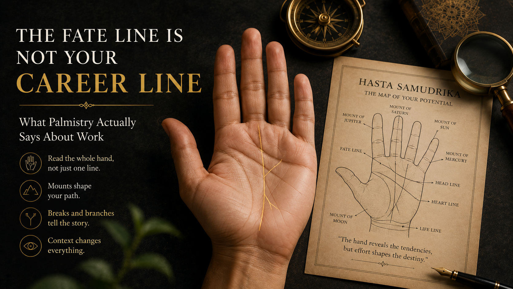 Minimal premium editorial composition of an open palm beside a fine gold line diagram and traditional palmistry notes on a dark stone surface.