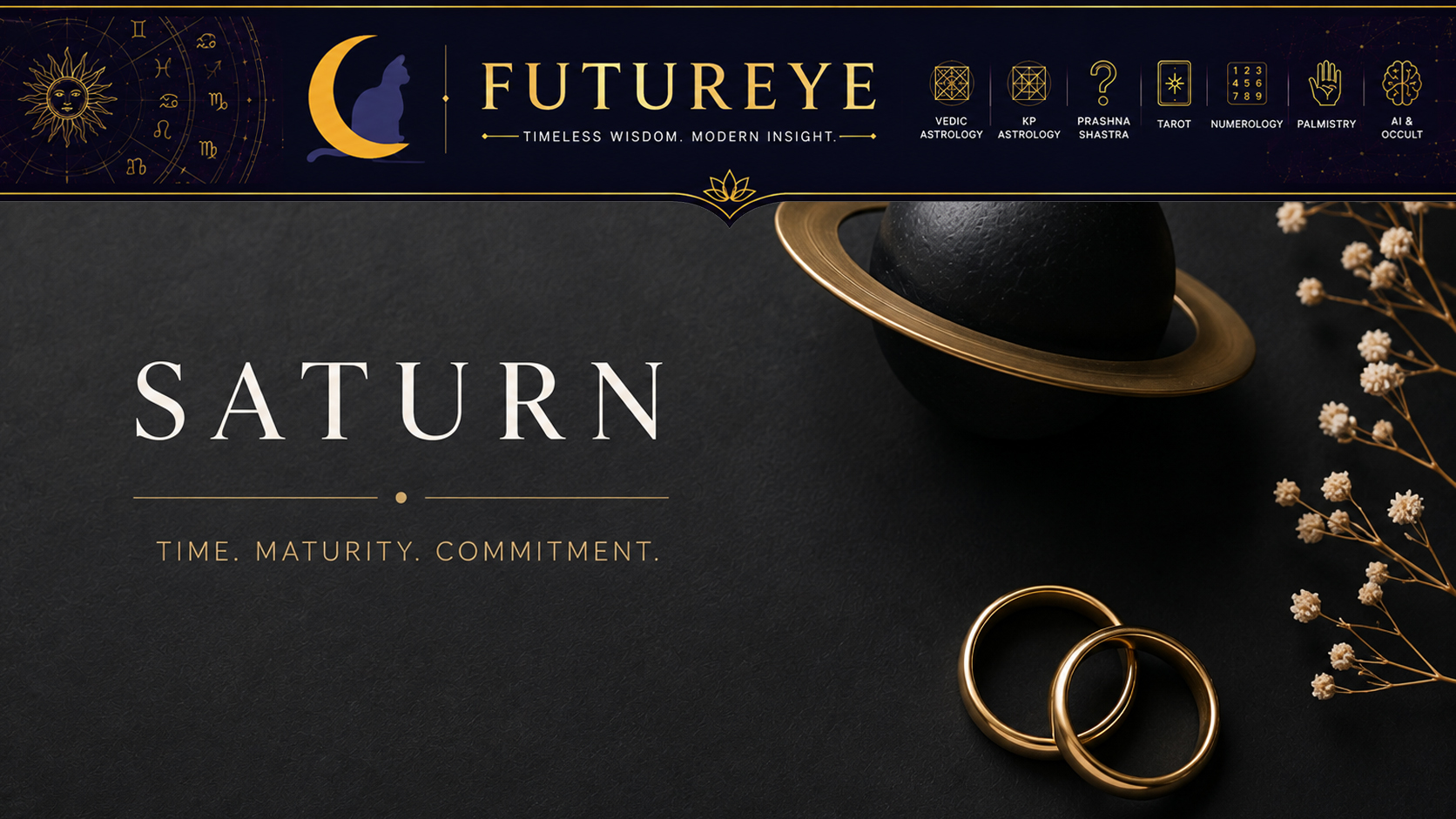 A minimalist flat-lay featuring a North Indian horoscope, a matte black Saturn sphere, and two intertwined gold rings on a dark slate background.