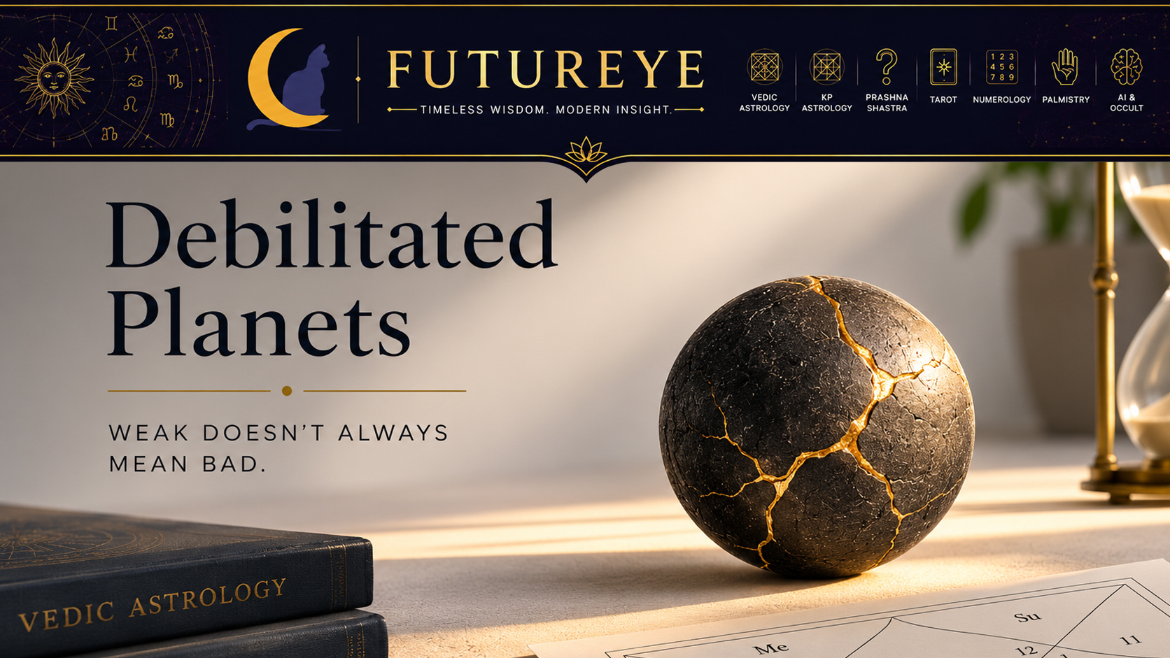A minimalist editorial flat lay featuring a single cracked stone sphere balancing on a gold pedestal beside a North Indian horoscope, symbolizing misunderstood planetary debilitation.