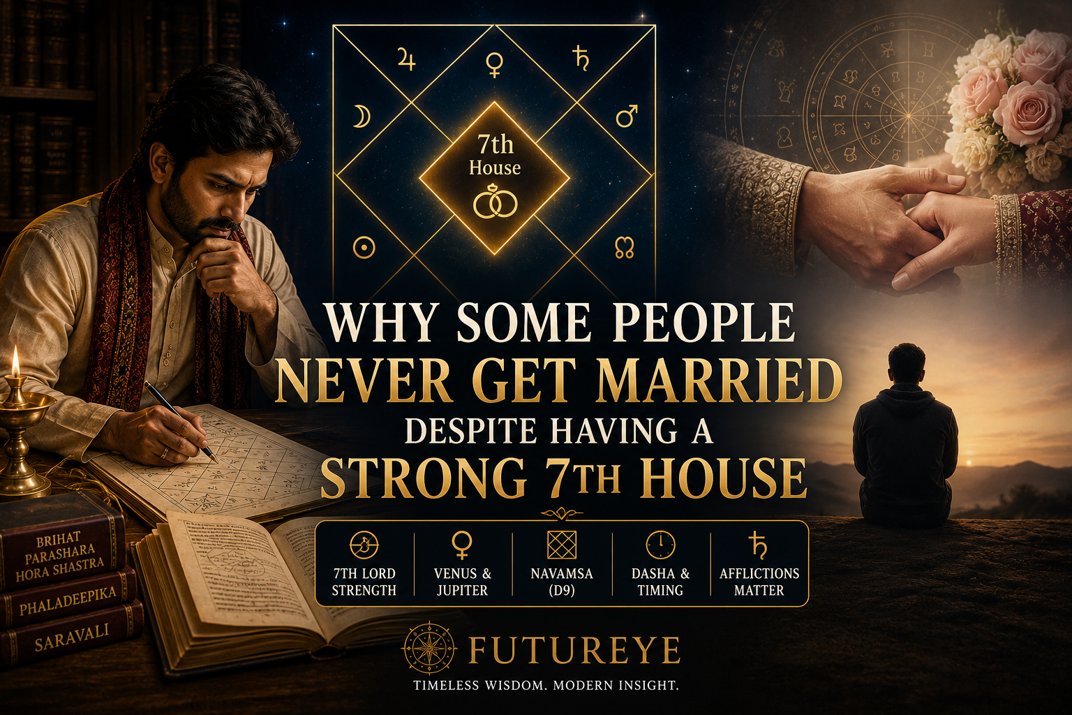 A glowing Vedic birth chart highlighting the seventh house with wedding symbols fading into the background while an astrologer studies the horoscope.