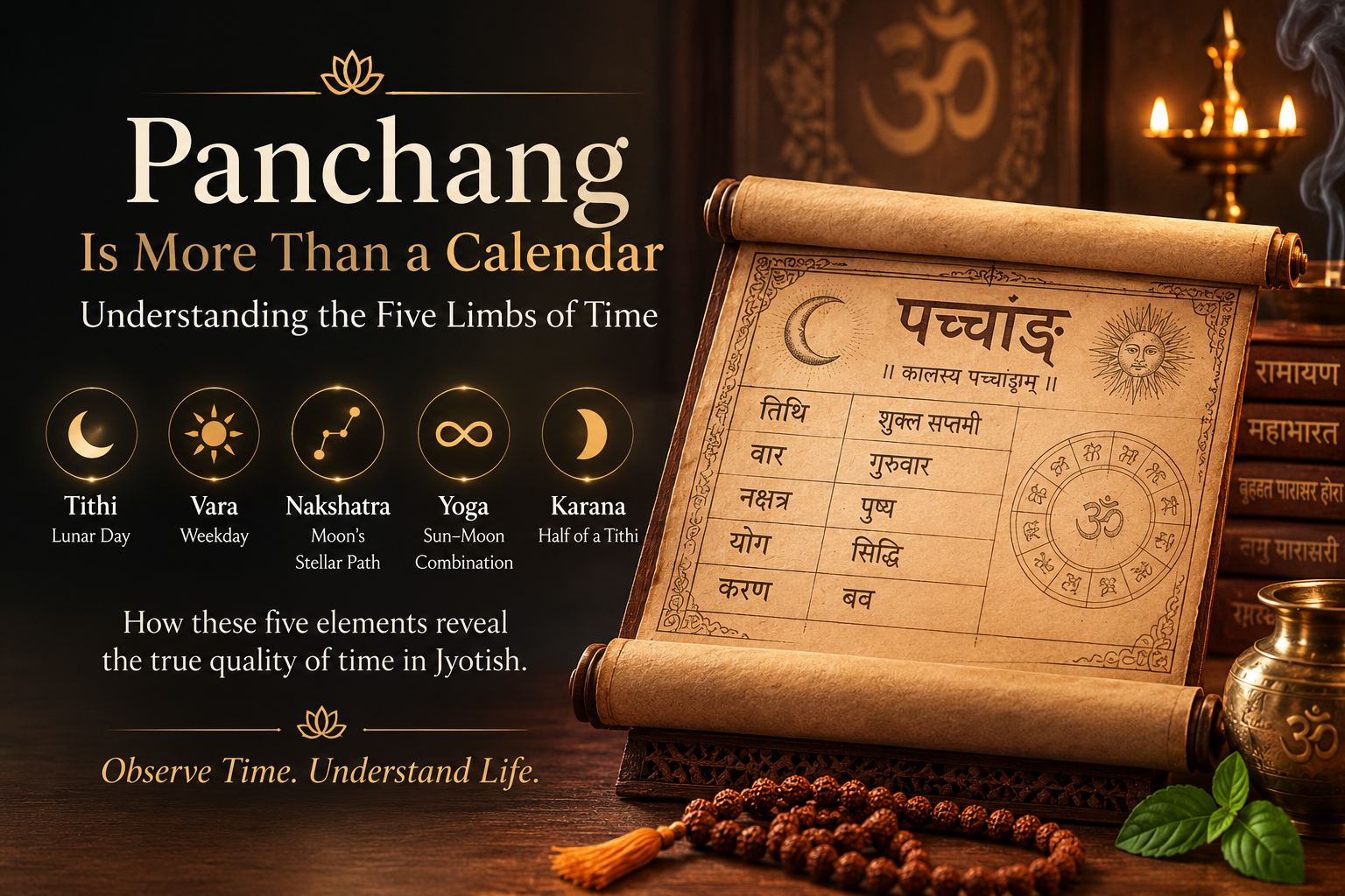 Minimal premium editorial representation of a traditional Panchang with subtle lunar, solar and astronomical symbols.