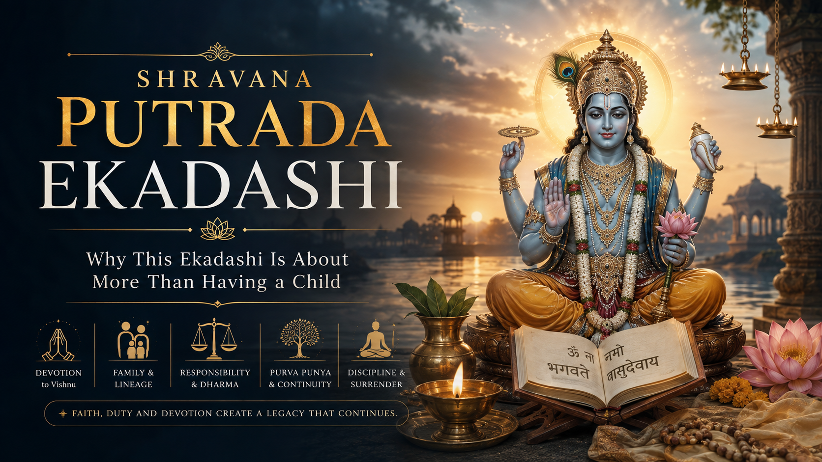 Minimal premium devotional illustration of Lord Vishnu symbolism with a sacred lamp, lotus and subtle lunar elements representing Shravana Putrada Ekadashi.
